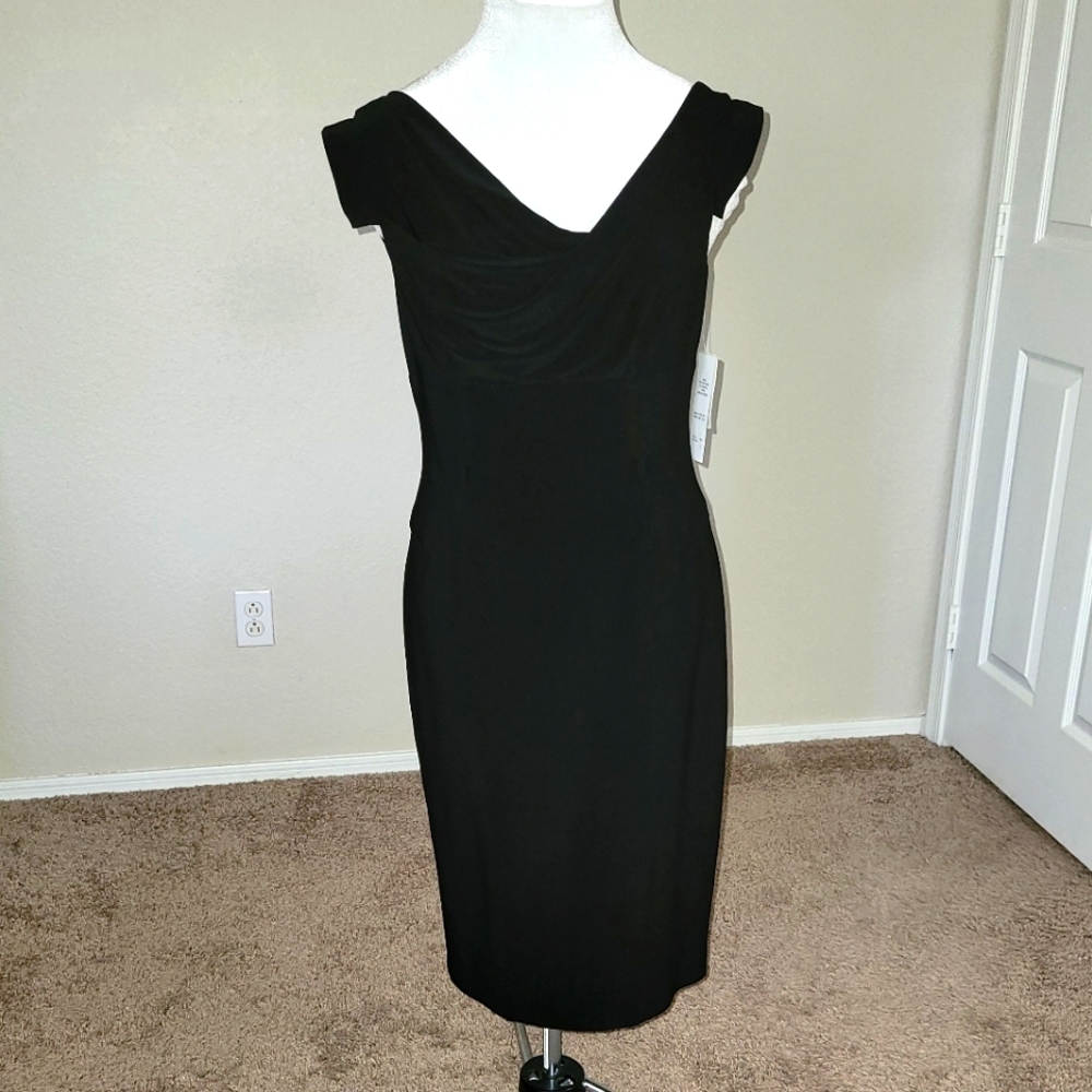Adrianna Papell Drape Neck Cap Short Sleeve Black Dress Sz 8 NWT